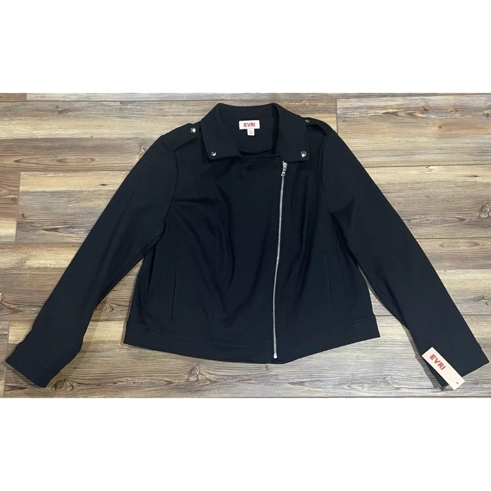 EVRI Moto Knit Jacket Black Collared Zip Up with Pockets Plus Size 0X NEW